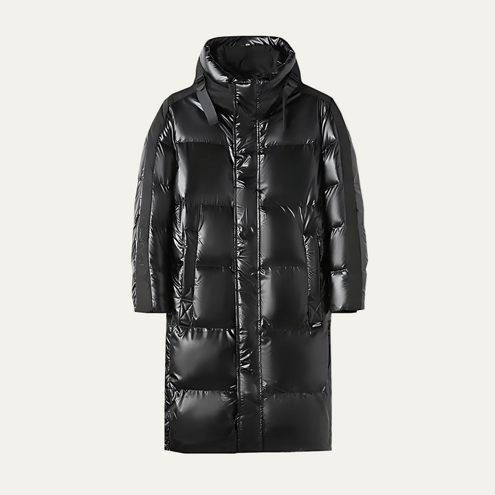 Mens Puffer Coat with Hood Long Glossy Finish - BritishMode