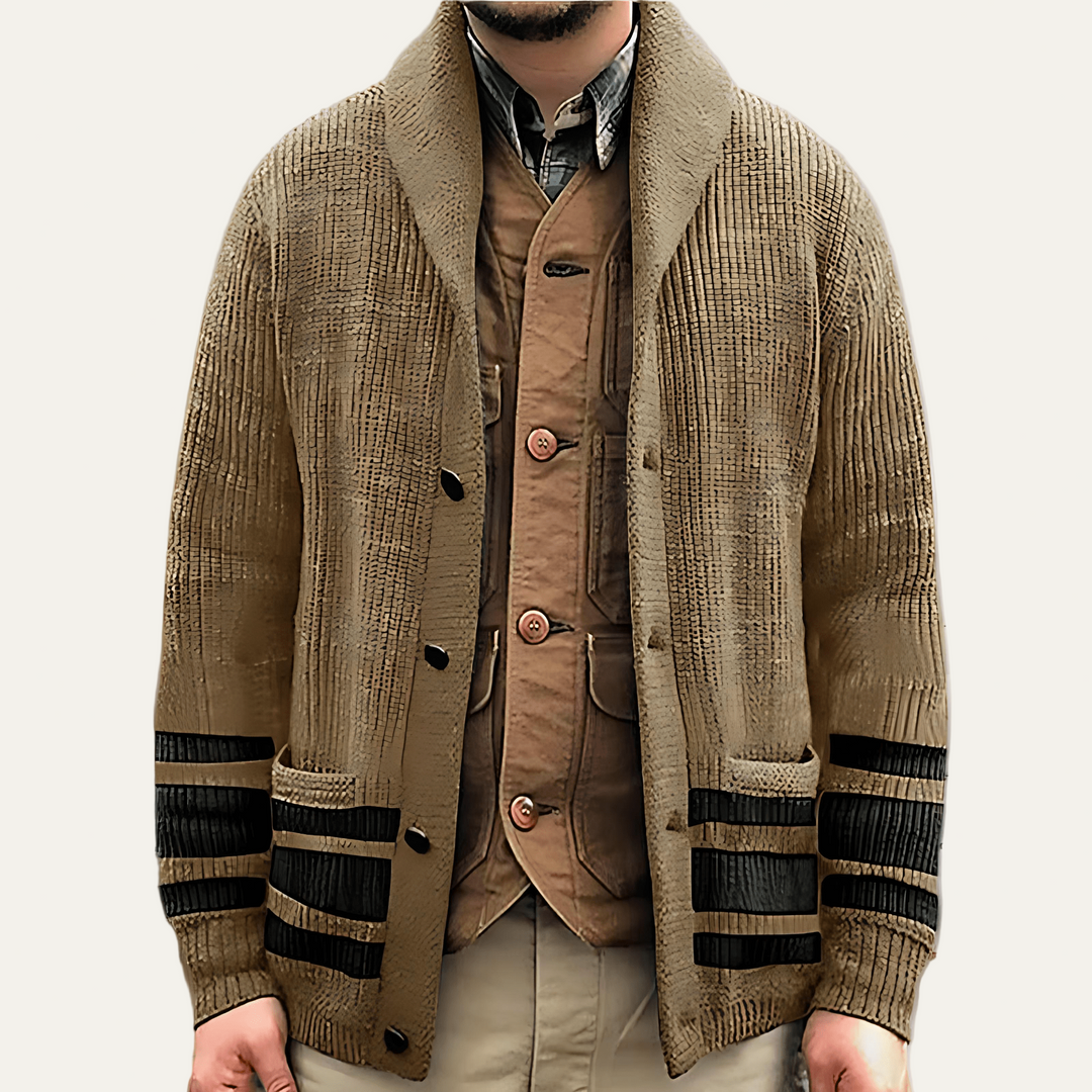 Mens Knit Cardigan Shawl Collar Striped - BritishMode