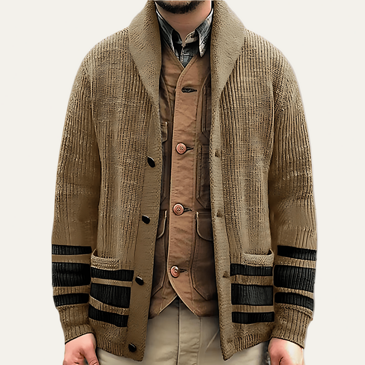 Mens Knit Cardigan Shawl Collar Striped - BritishMode