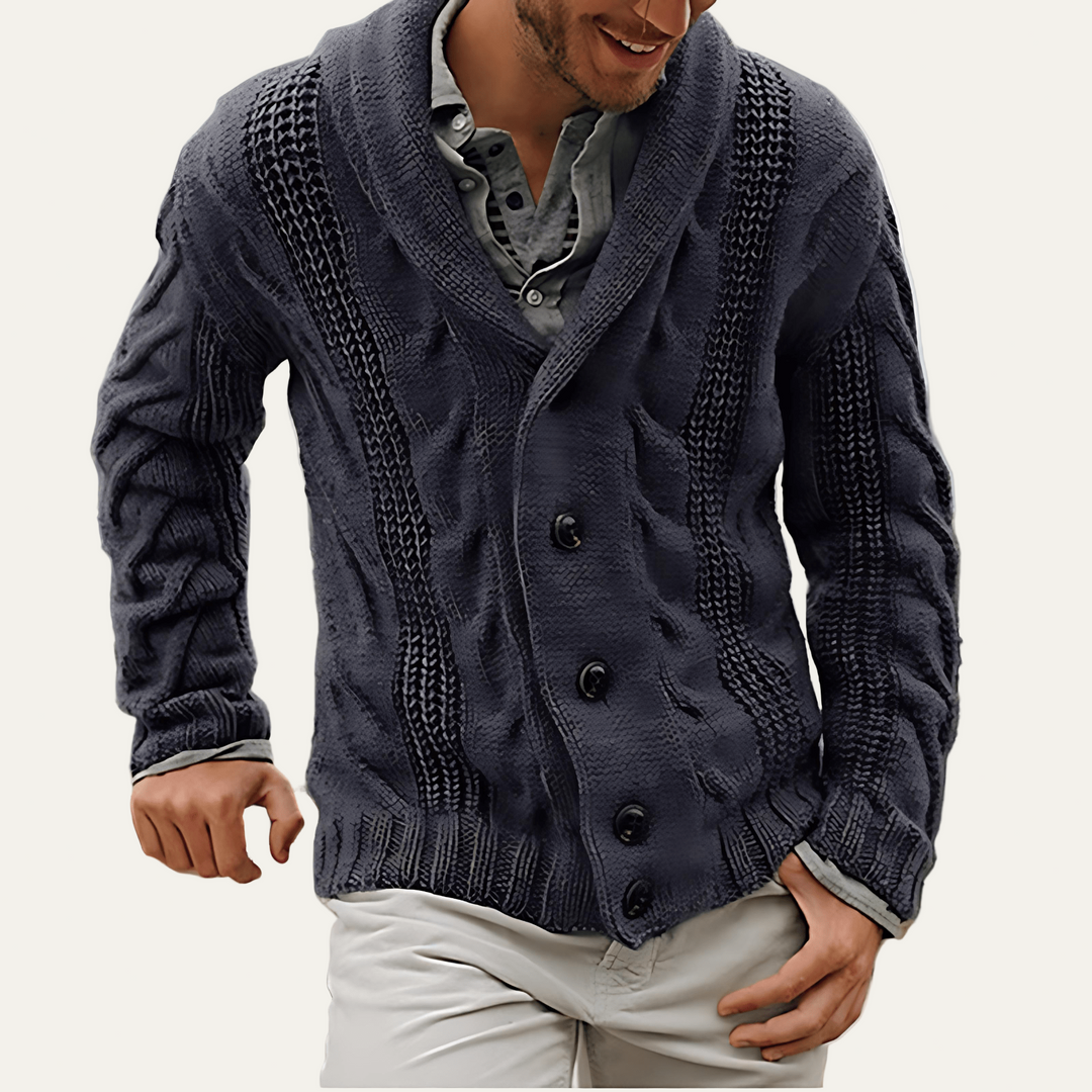Mens Cable Knit Cardigan Thick Shawl Collar - BritishMode
