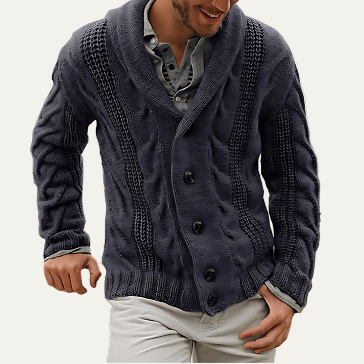 Mens Cable Knit Cardigan Thick Shawl Collar - BritishMode