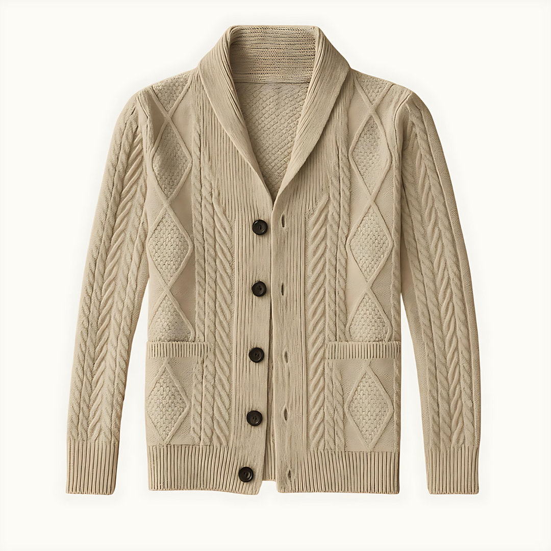 Mens Aran Knit Cardigan Shawl Collar - BritishMode