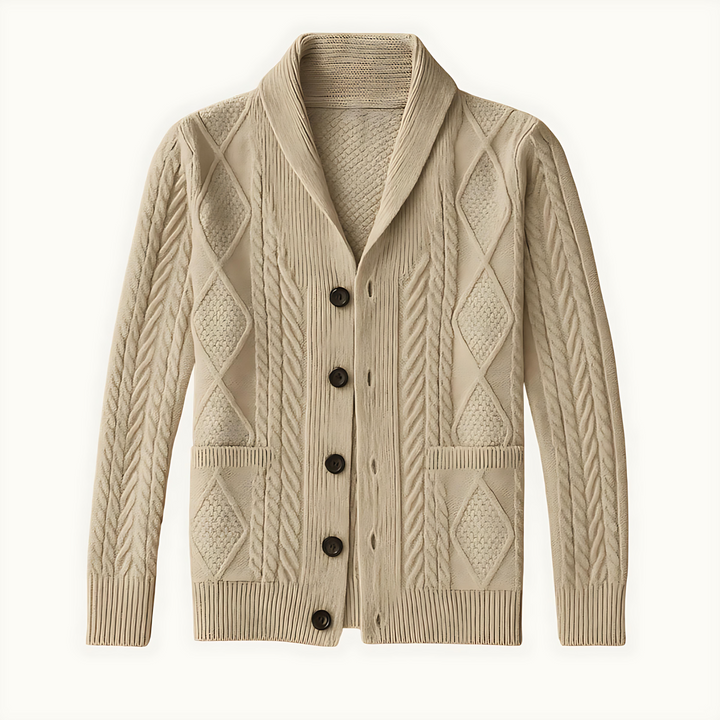 Mens Aran Knit Cardigan Shawl Collar - BritishMode