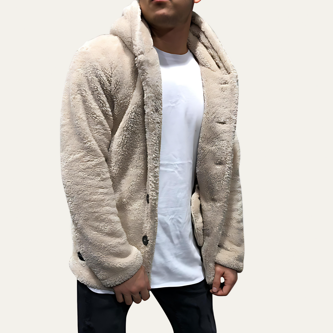 Mens Fleece Jacket Plush Hooded Button Front - BritishMode