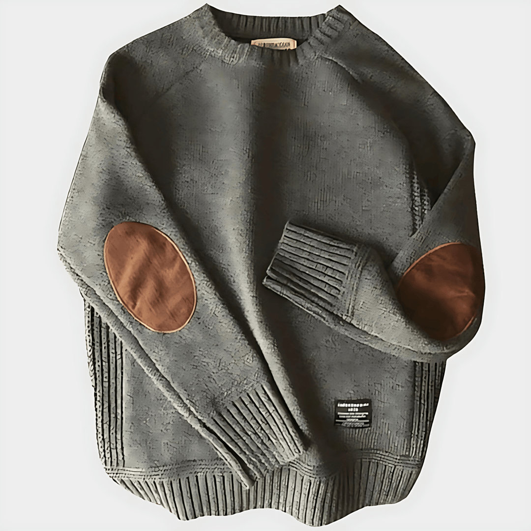 Mens Crewneck Sweater with Raglan Sleeves and Elbow Patches - BritishMode