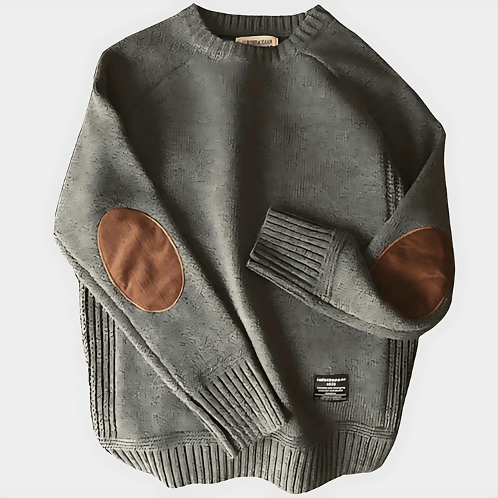 Mens Crewneck Sweater with Raglan Sleeves and Elbow Patches - BritishMode