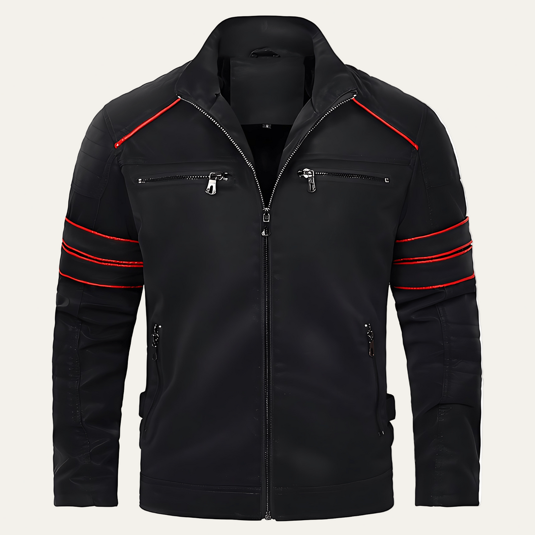 Mens Biker Jacket with Zip and Stripe Accent - BritishMode