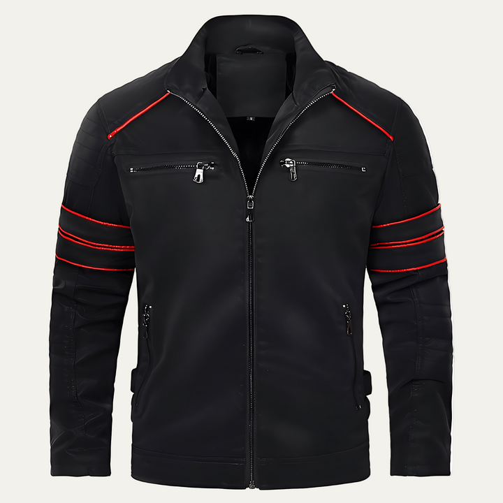 Mens Biker Jacket with Zip and Stripe Accent - BritishMode