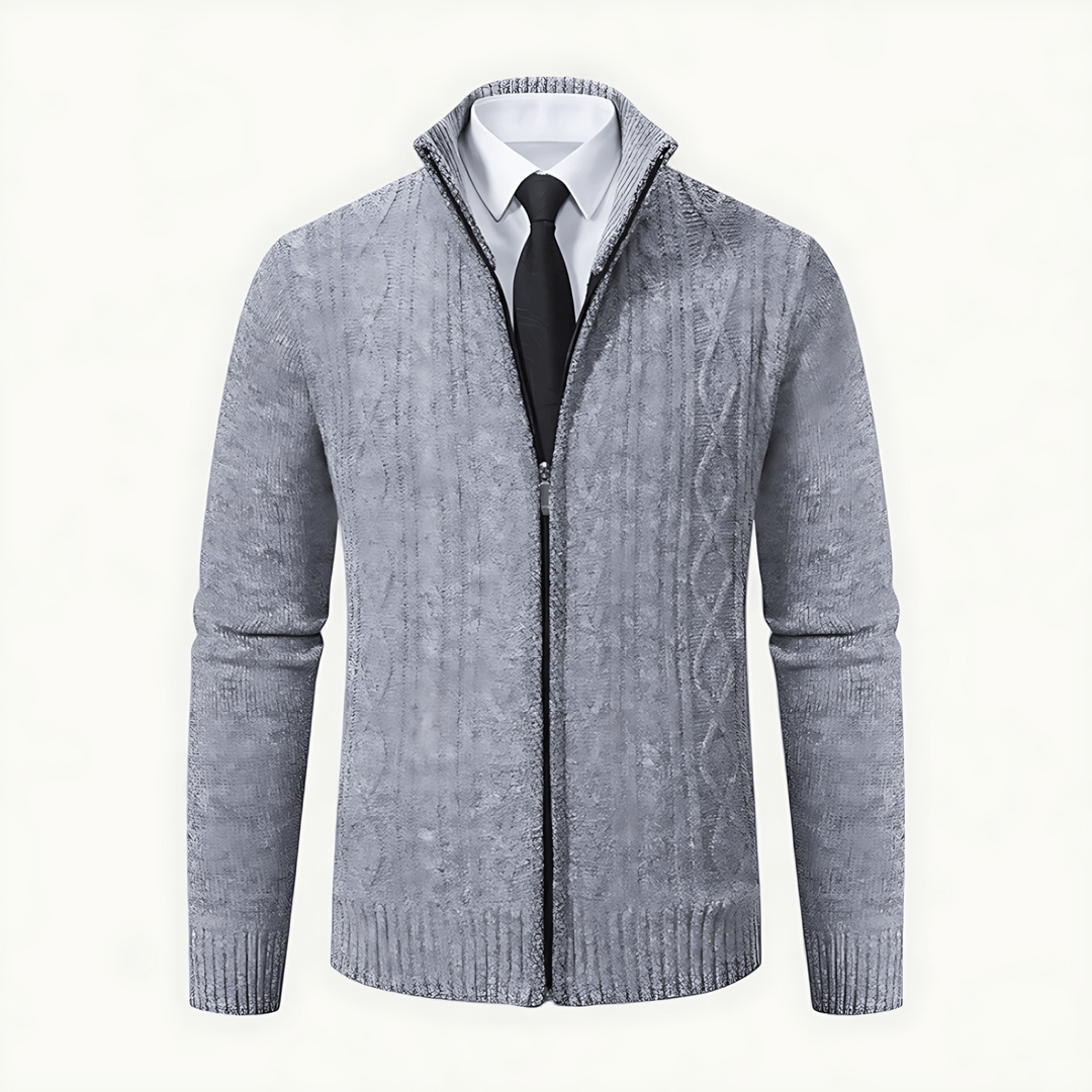 Womens Cable Knit Zip-Up Cardigan High Collar - BritishMode