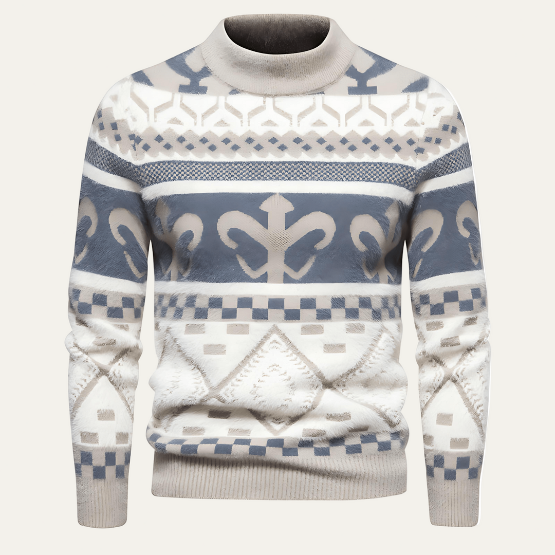 Mens Knit Sweater with Nordic Pattern Mock Neck - BritishMode
