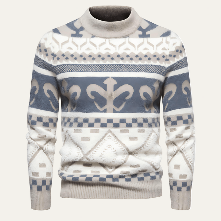 Mens Knit Sweater with Nordic Pattern Mock Neck - BritishMode