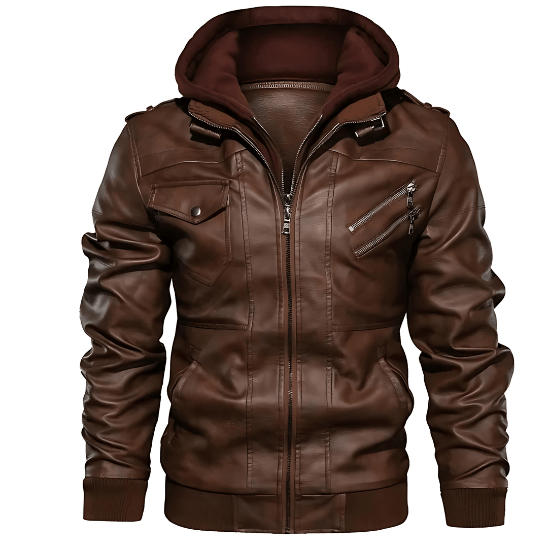 Mens Faux Leather Moto Jacket Detachable Hood - BritishMode