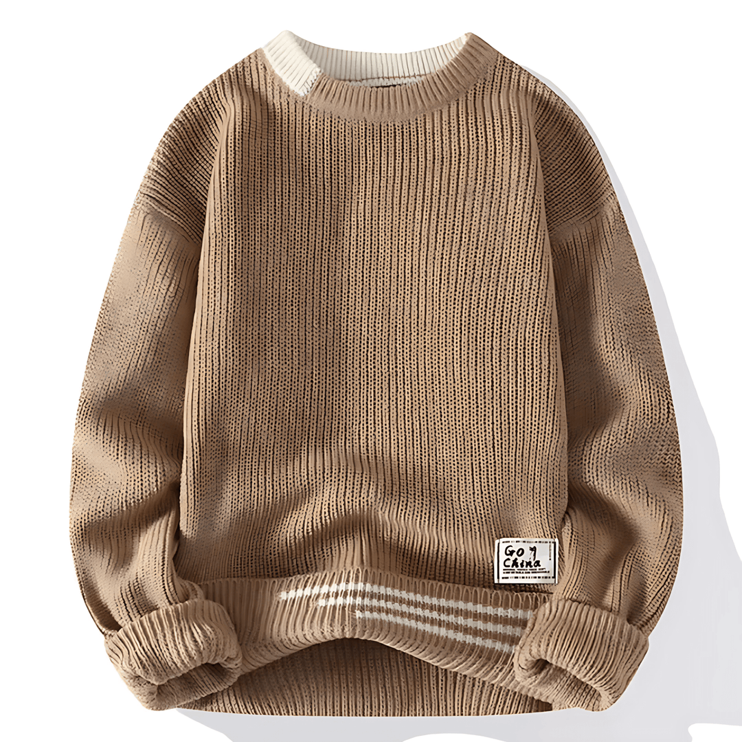 Mens Ribbed Sweater Crew Neck Striped Hem - BritishMode