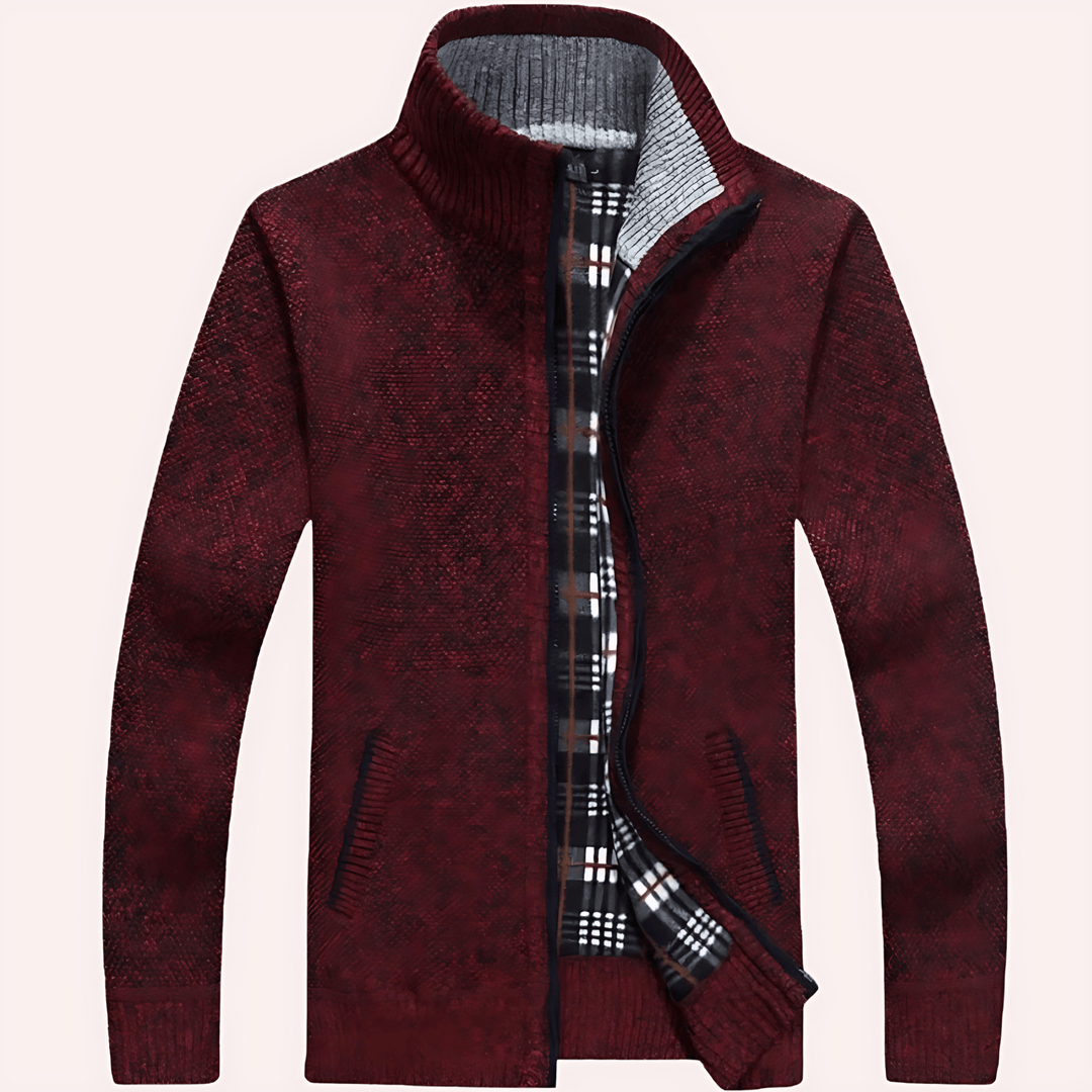 Womens Knit Zip-Up Cardigan Plaid Lining - BritishMode
