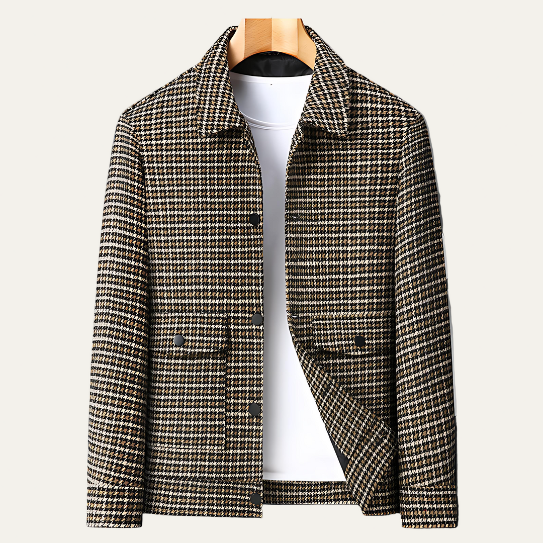 Mens Short Jacket Houndstooth Pattern Concealed Closure - BritishMode
