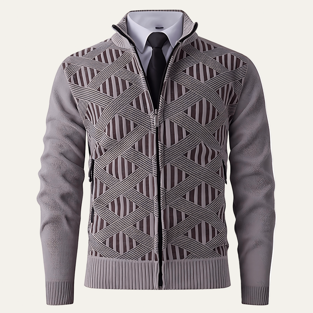 Mens Knit Zip Cardigan Geometric Pattern Modern Fit - BritishMode
