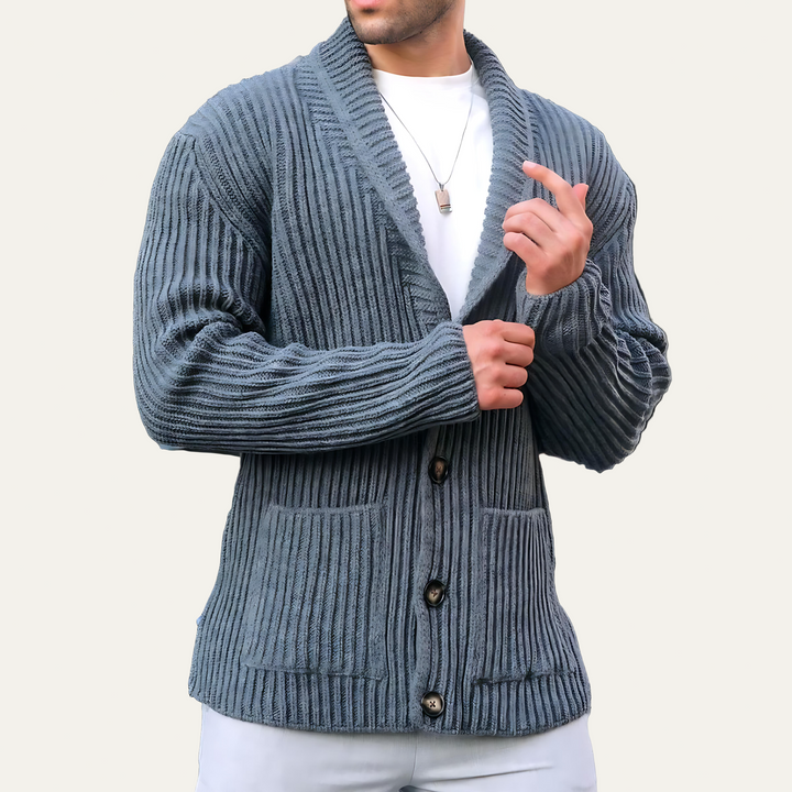 Mens Ribbed Cardigan Chunky Knit Deep Neckline - BritishMode
