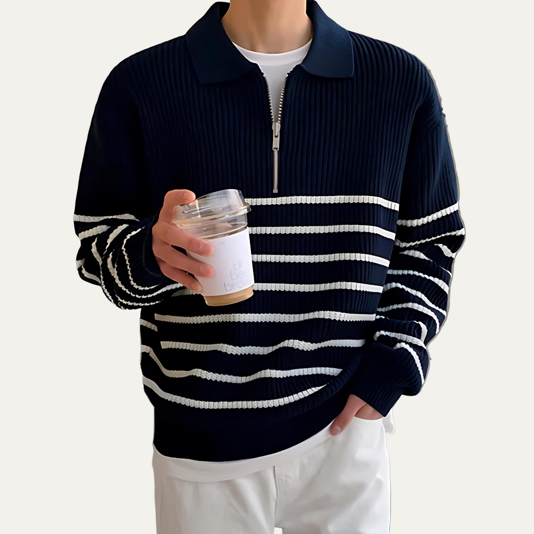 Mens Polo Knit Sweater Quarter Zip Striped - BritishMode