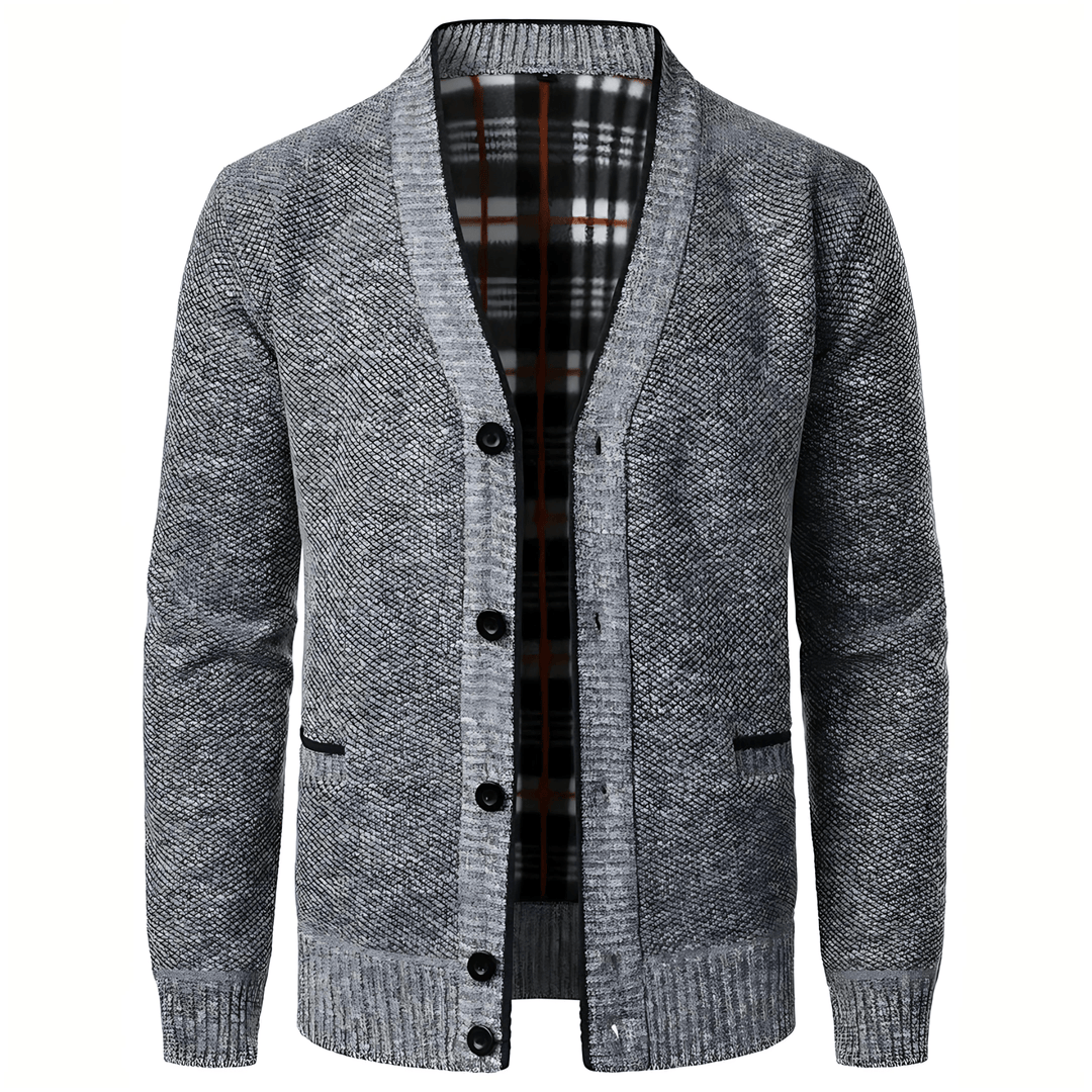Womens V-Neck Cardigan with Plaid Lining and Pockets - BritishMode