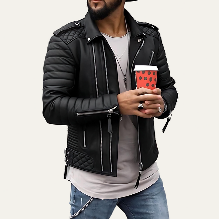 Mens Biker Jacket Quilted Leather - BritishMode