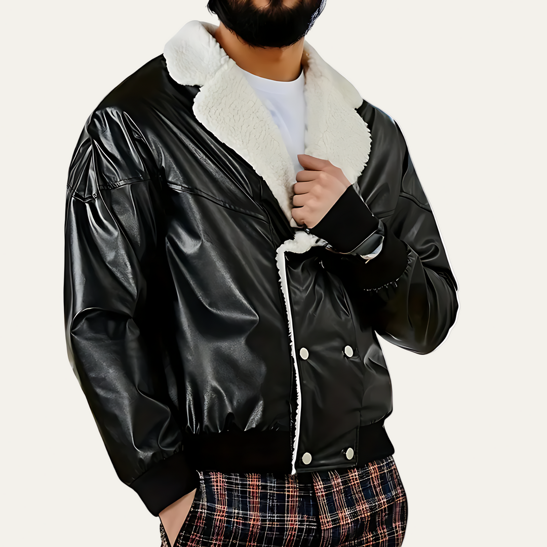 Mens Bomber Jacket Shearling Lining Glossy Finish - BritishMode