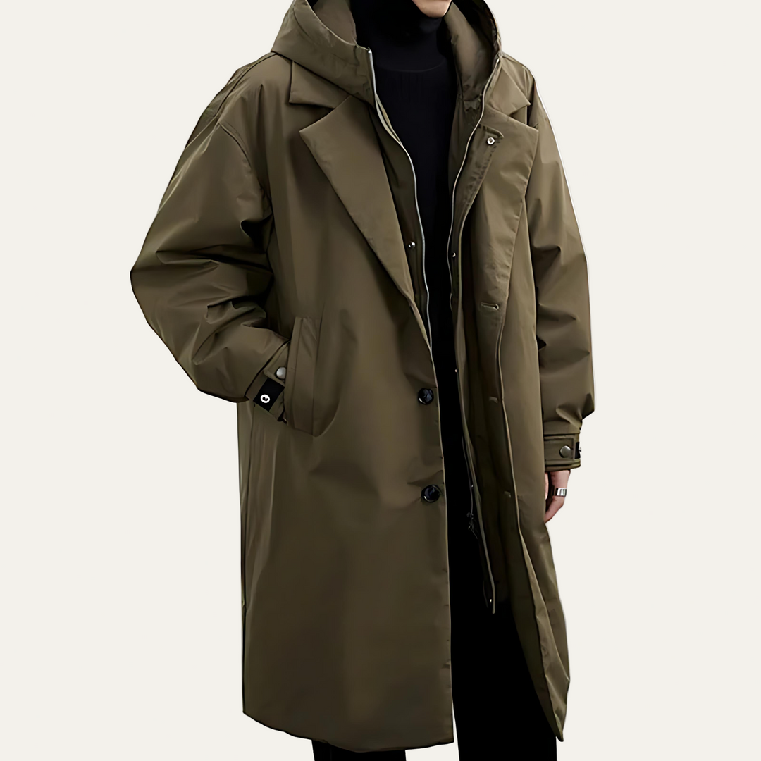 Mens Layered Hooded Long Overcoat Wool Blend - BritishMode