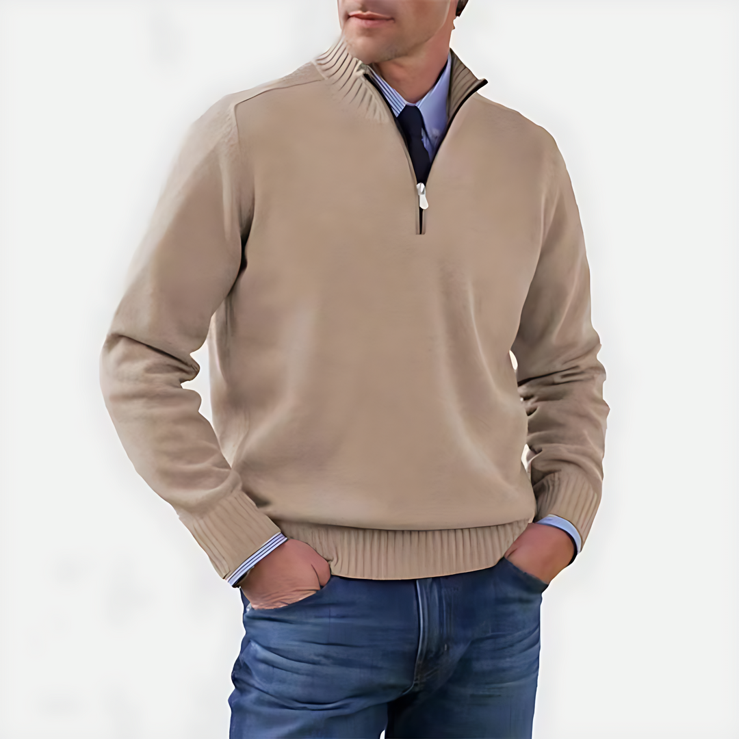 Mens Knit Sweater with Quarter Zip and Stand Collar - BritishMode