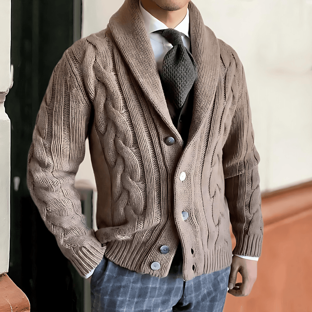 Mens Cable Knit Cardigan with Shawl Collar and Button Closure - BritishMode