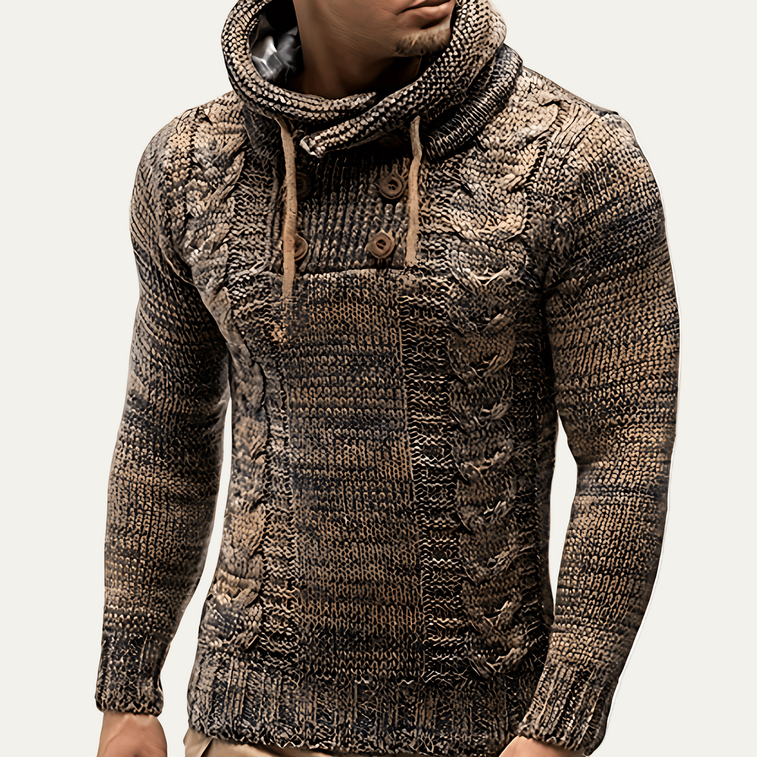 Mens Cable Knit Sweater Wool Blend Cowl Neck Buttons - BritishMode