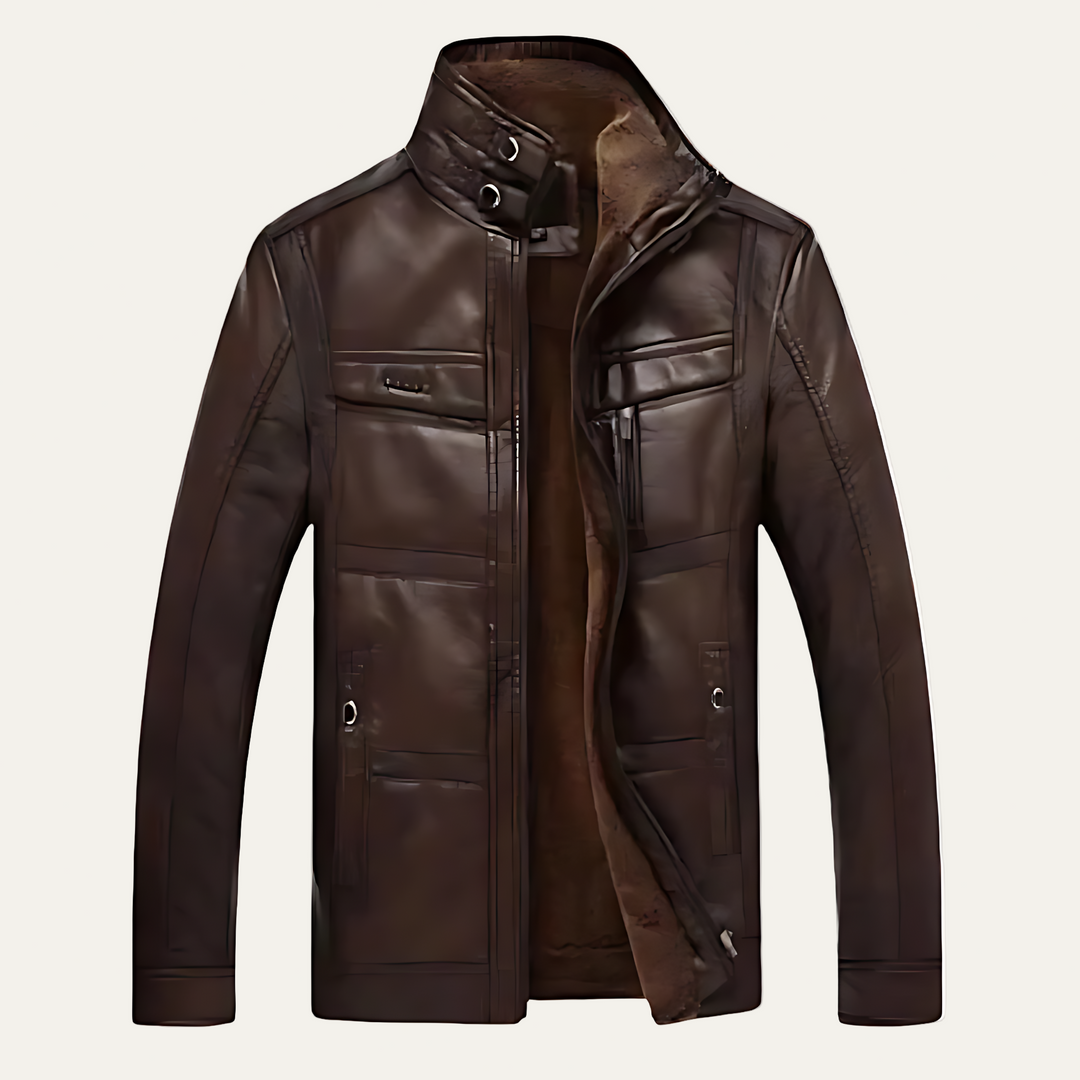 Mens Leather Jacket Stand Collar Multi Pocket Design - BritishMode