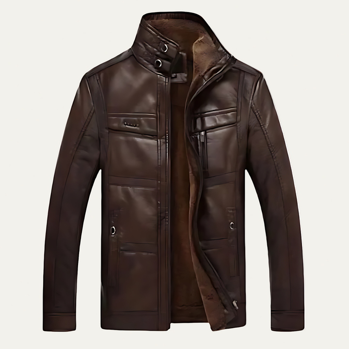 Mens Leather Jacket Stand Collar Multi Pocket Design - BritishMode