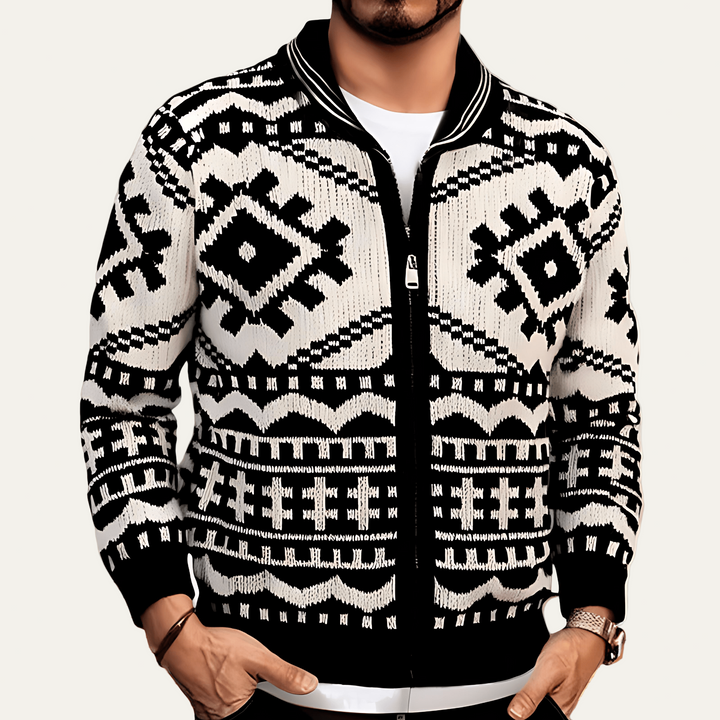 Mens Knit Zip Sweater Jacket Geometric Pattern - BritishMode