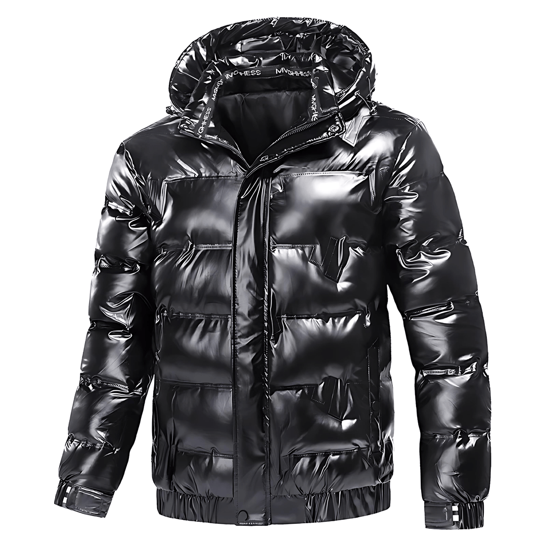 Mens Hooded Puffer Jacket High Gloss Snap Placket - BritishMode