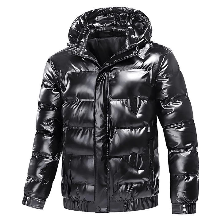 Mens Hooded Puffer Jacket High Gloss Snap Placket - BritishMode