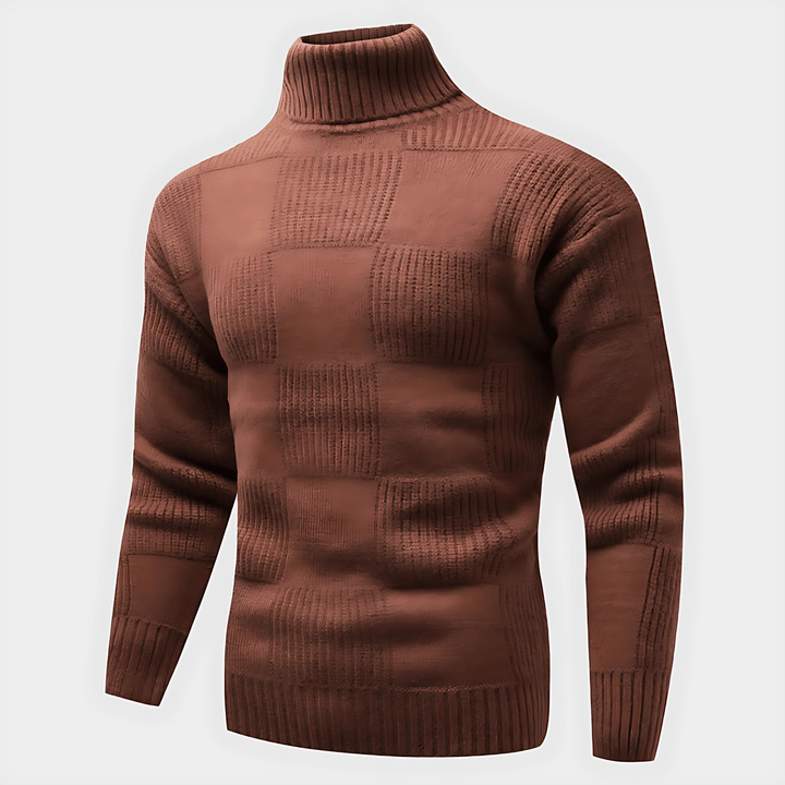 Mens Knit Turtleneck Sweater Checkerboard Textured - BritishMode