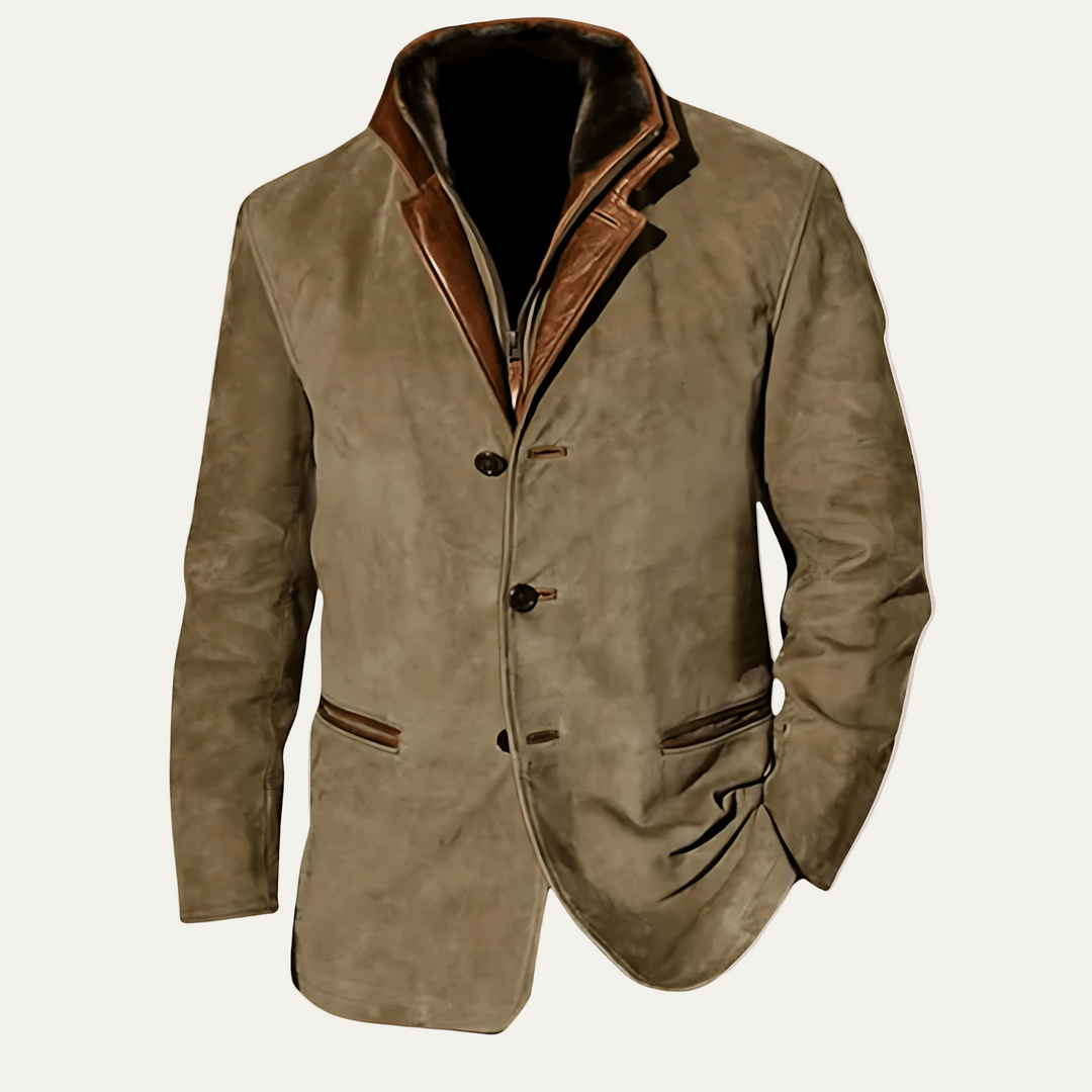Mens Suede Jacket Three Button Layered Mock Neck - BritishMode