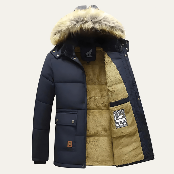 Mens Quilted Parka with Fur Hood Heavy Winter Coat - BritishMode