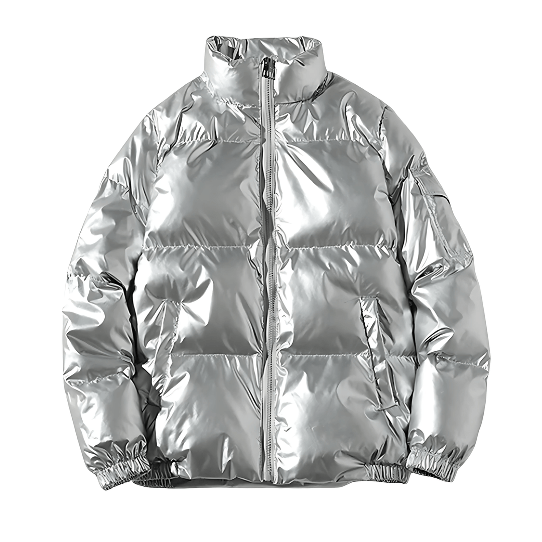 Mens Puffer Jacket Metallic Finish Stand Collar - BritishMode