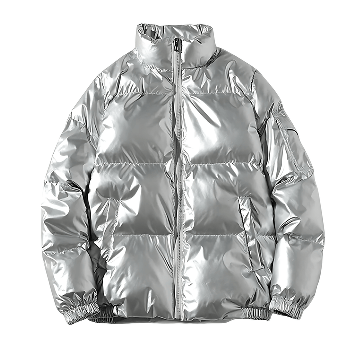 Mens Puffer Jacket Metallic Finish Stand Collar - BritishMode