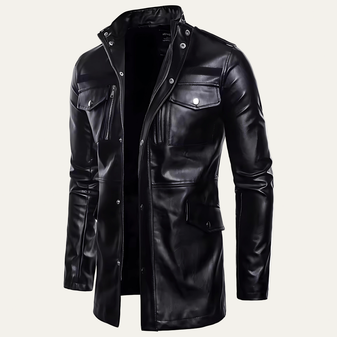 Mens Mid-Length Jacket Faux Leather Stand Collar - BritishMode