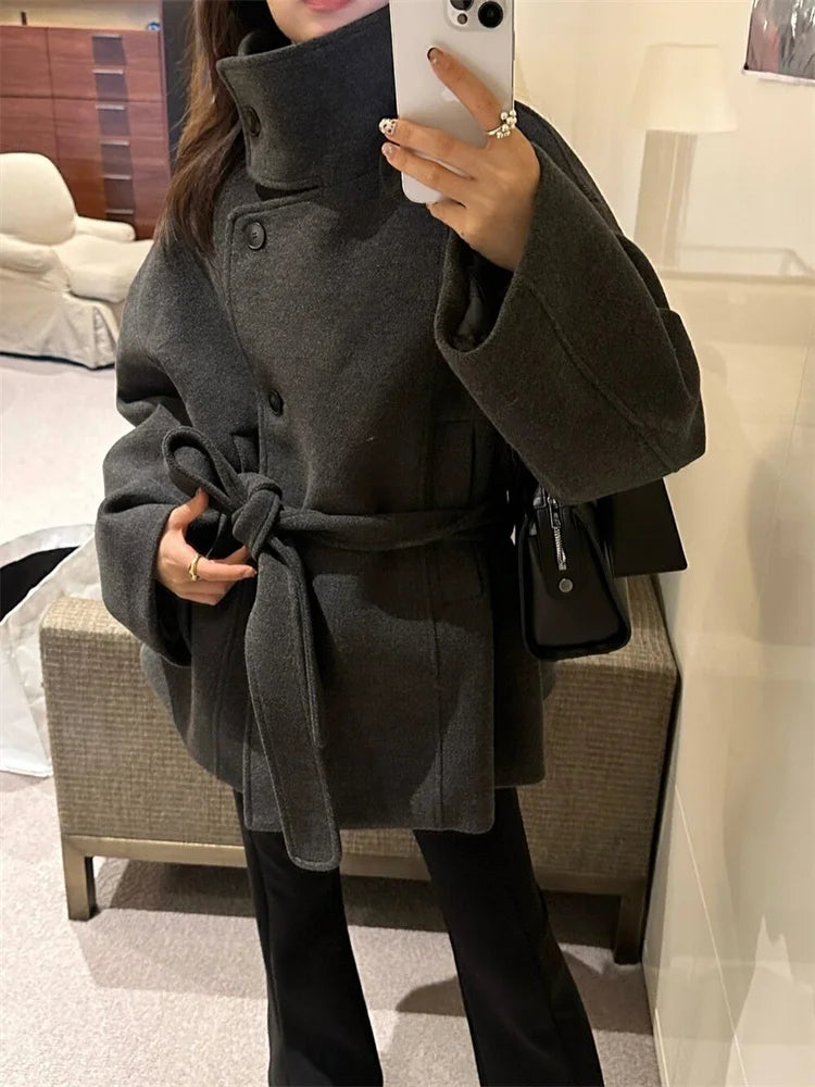 Womens Knee-Length Wool Blend Coat Warm - BritishMode