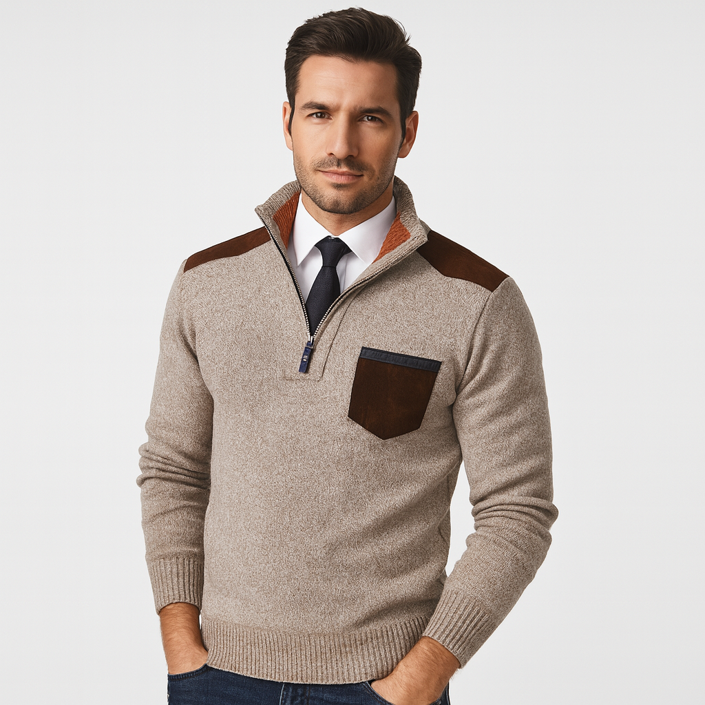 Men’s Contrast Patch Utility Quarter Zip Sweater - BritishMode