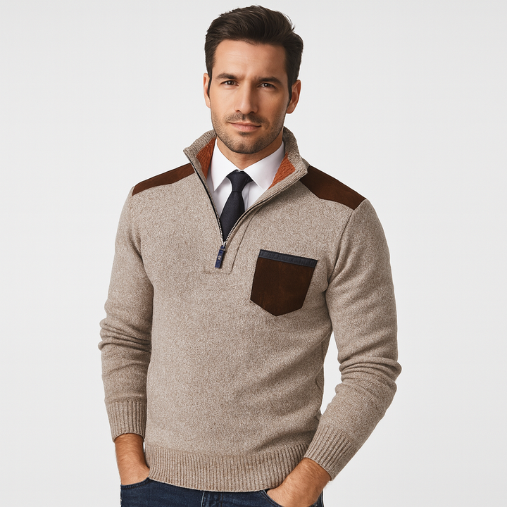 Men’s Contrast Patch Utility Quarter Zip Sweater - BritishMode