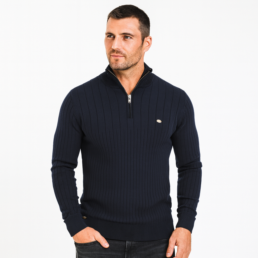 Mens Ribbed Zip Sweater with Stand Collar - BritishMode