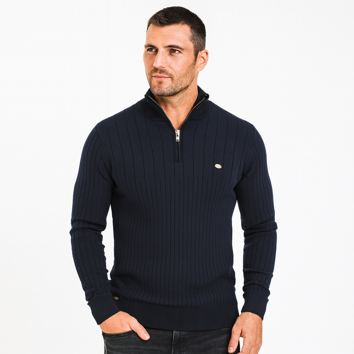 Mens Ribbed Zip Sweater with Stand Collar - BritishMode