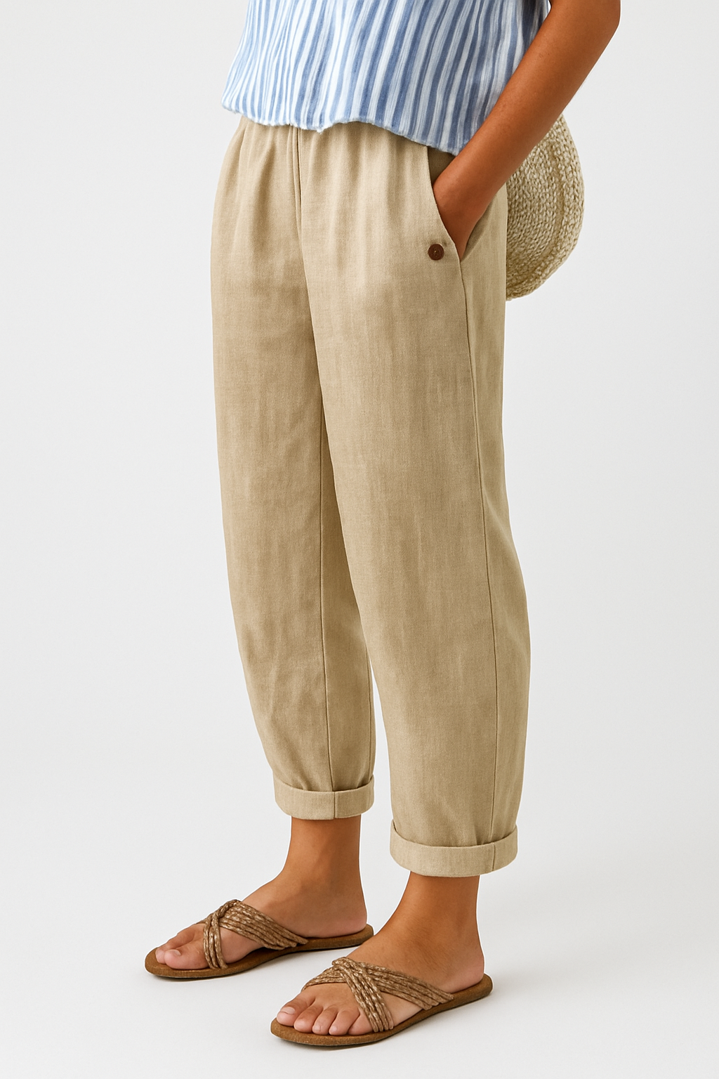Womens Linen Trousers Elastic Waist Tapered Fit - BritishMode