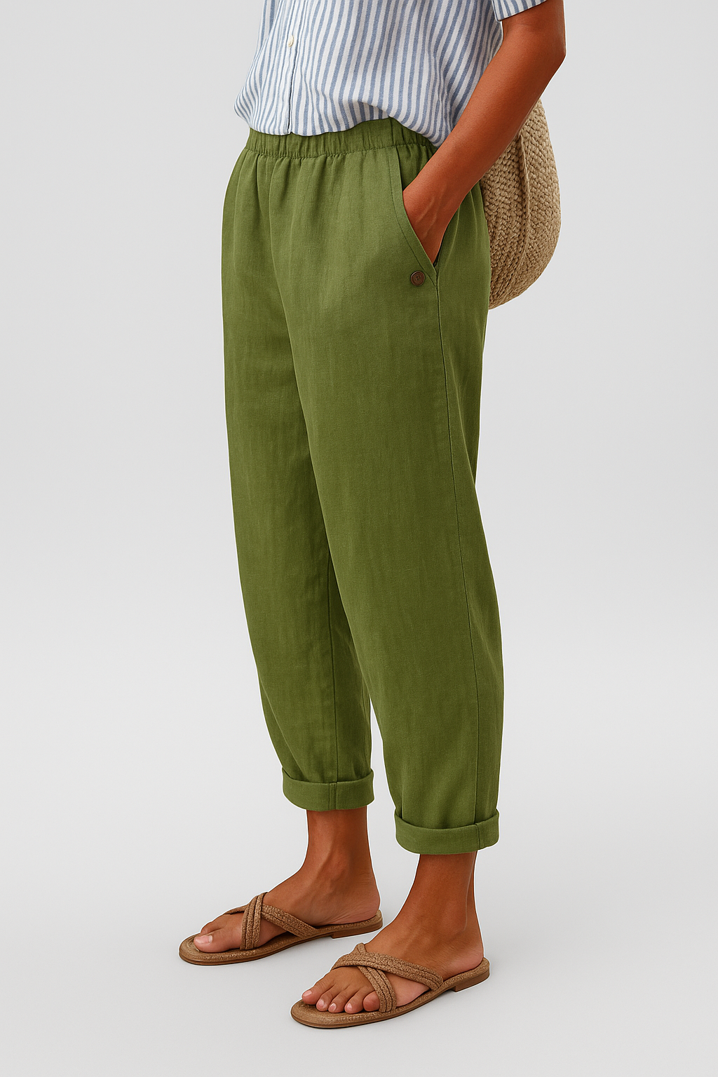 Womens Linen Trousers Elastic Waist Tapered Fit