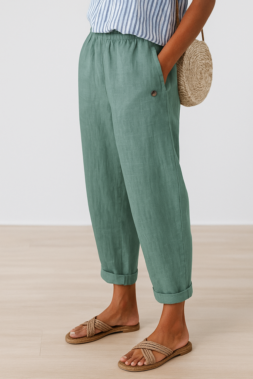 Womens Linen Trousers Elastic Waist Tapered Fit