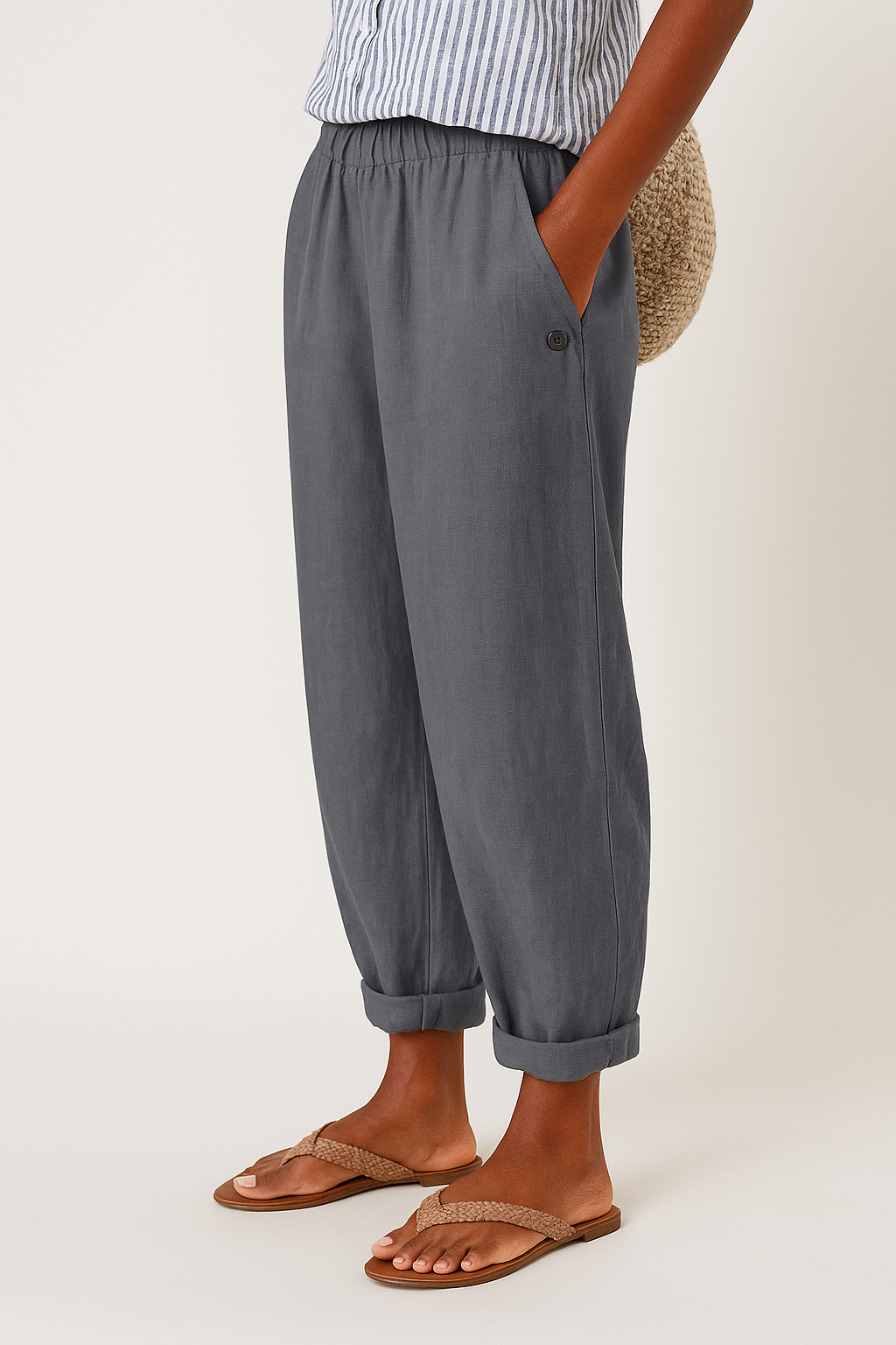 Womens Linen Trousers Elastic Waist Tapered Fit