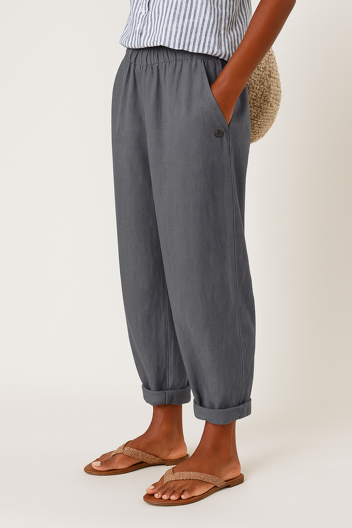 Womens Linen Trousers Elastic Waist Tapered Fit